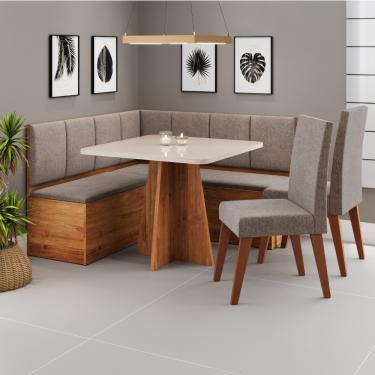 Imagem de Canto Alemão com Baú Syrah com tampo de Vidro com 2 Cadeiras Milão Viero - Mel/Linho Kaki/Off White