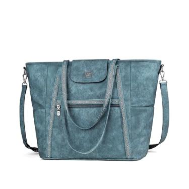 Imagem de FADEON Bolsa grande para laptop feminina designer de couro bolsa para laptop moda mochila de viagem bolsa de ombro bolsa de ombro azul