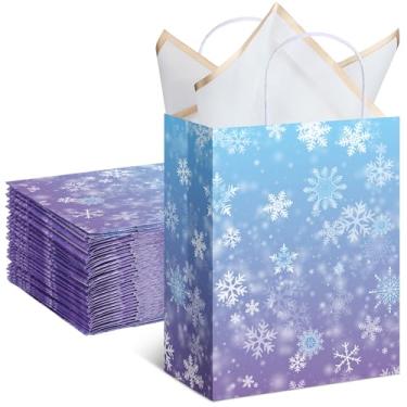 Imagem de ReliThick 30 peças de sacos de papel floco de neve sacos de presente de guloseimas geladas com alça azul e roxo lembrancinhas de festa para princesa, feriado, aniversário, país das maravilhas (grande)