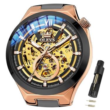 Imagem de OLEVS Relógios de pulso masculinos automáticos esqueleto com corda automática, designer mecânico, luxuoso, aço inoxidável, impermeável, original, relógios de pulso para homens, 6722: pulseira preta e