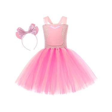 Imagem de OBEEII Girls Halloween Costume Toddler Kids Witch Cosplay Stage Performance Ruffle Tutu Dress with Headband 2PCS Set Square Neck Sleeveless Crochet Tulle Dress Up Party Outfit Pink 8-9 Years