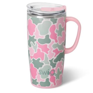 Imagem de Swig Life Caneca de viagem de 623 g, copo isolado com alça e tampa, caneca de café de viagem, compatível com porta-copos, copo de aço inoxidável de 623 g, reutilizável isolado com tampa (camuflagem