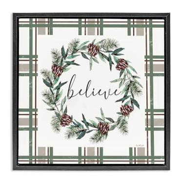Imagem de Stupell Industries Believe Wreath on Green Plaid Black Framed Floater Canvas Wall Art Design por Elizabeth Tyndall, 18 x 18