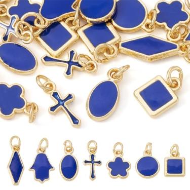 Imagem de FASHEWELRY 21 berloques variados de latão esmaltado, cruz, flor mista, losango, oval, liso, redondo, Miriam, pingentes dourados banhados a ouro de longa duração para pulseira faça você mesmo joias