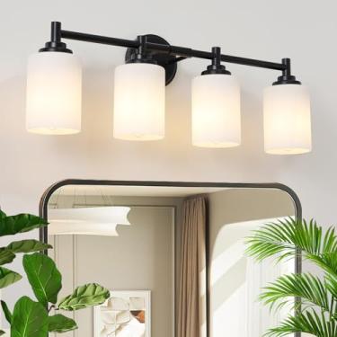Imagem de Sheenkarion Luminária de banheiro de 4 luzes, luz de banheiro preta fosca sobre espelho com sombra de vidro fosco branco, arandelas de parede de fazenda moderna para quarto, armário, cozinha, sala de