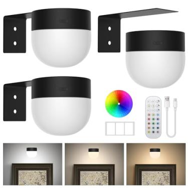 Imagem de Pacote com 3 luzes para parede 3000 mAh recarregável operada por bateria de arte para pinturas, arandela magnética de LED com controle remoto de 3 cores e 12 luzes RGB sem fio para pôsteres decoração
