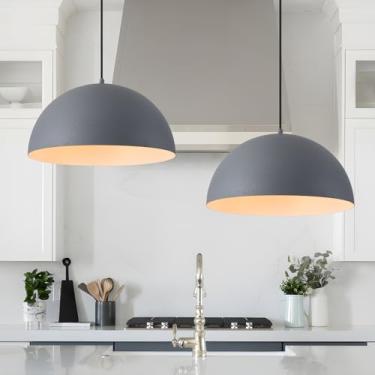 Imagem de Luzes pendentes industriais ilha de cozinha, luminárias pendentes de cúpula de metal cinza e branco de 40,6 cm, luminária suspensa de fazenda para sala de jantar, restaurante, hall de entrada, café