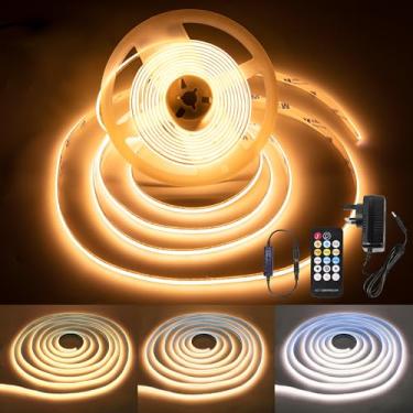 Imagem de Fussion Fita de LED COB Luzes de LED brancas quentes de 5 metros para quarto, iluminação de faixa de armário ultra brilhante de 24 V com controle remoto, iluminação ambiente para espelho DIY, TV, mesa
