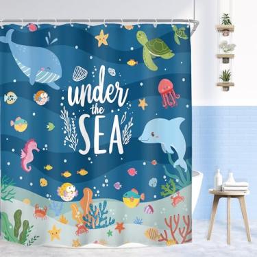 Imagem de Mitpok Cortina de chuveiro infantil 72Lx72H oceano verão baleia desenho animado tartaruga azul coral submarino bonito engraçado peixe mar animal decoração de banheiro cortina de banho subaquática