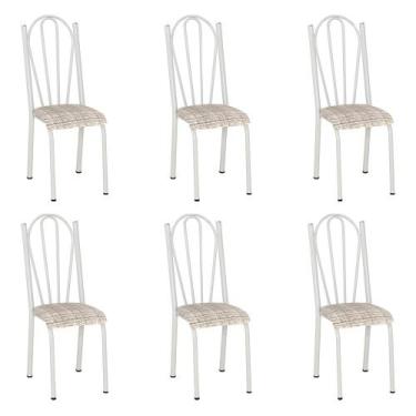 Imagem de Kit 6 Cadeiras de Cozinha Alasca Estampado Rattan Pés de Ferro Branco 