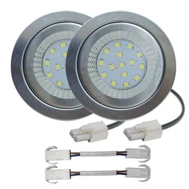 Imagem de MoKongFu Pacote com 2 lâmpadas LED de 1,5 W CC 12 V para exaustor, furo de 60 mm, armário de cozinha, luz embutida embaixo do armário, aço inoxidável, vidro transparente (branco quente 3000K)