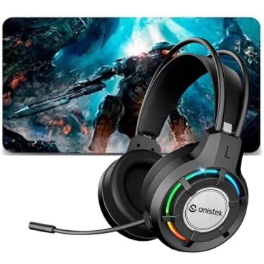 Imagem de Kit Gamer Headset Fone de Ouvido Microfone Flexivel Drive 50mm P2 USB LED RGB e Mouse Pad Grande 80x40 cm Tecido Emborrachado Antiderrapante (MP9)