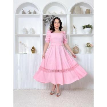 Imagem de Vestido Midi Feminino Social Evangélico Linho Guipir - Fashion, Rosa b