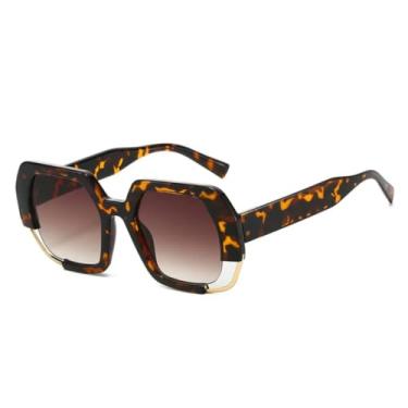 Imagem de HCHES Óculos de sol polígono feminino, óculos de sol fashion com armação em degradê UV400, lentes transparentes (degradê de chá leopardo)