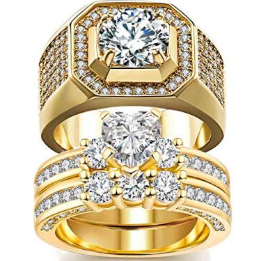Imagem de 2 anéis para ele e ela conjuntos de alianças de casamento femininas com coração preenchido em ouro amarelo, alianças de casamento masculinas, women size9 & men size8, Metal Cristal Metal Cristal