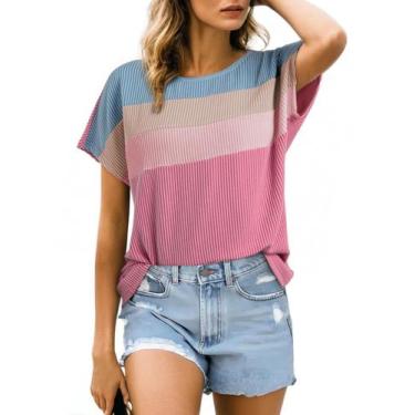 Imagem de Camisa feminina Dokotoo, listrada, colorida, manga curta, rosa brilhan