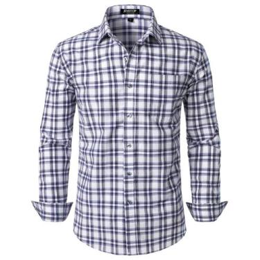 Imagem de Camisa masculina JEMITOP, manga comprida, justa, xadrez, branca, azul 
