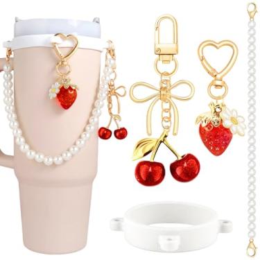 Imagem de 4 peças de acessórios para garrafa de água Owala Stanley conjunto de acessórios de copo branco para garrafa de água alça decoração bonito cereja fruta copo copo conjunto de acessórios para mulheres