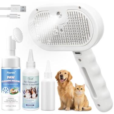 Imagem de Pjordo Escova a vapor para animais de estimação para gatos e cães, pente 5 em 1 para remoção de pelos para reduzir a queda, escova de cuidados para cães e gatos de pelo longo curto, limpador de espuma