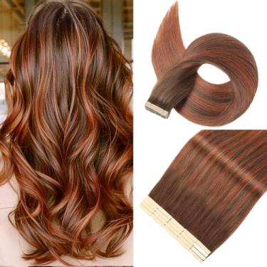 Imagem de Extensões de cabelo humano com fita adesiva, 40,6 cm, 20 peças, fitas invisíveis, extensões de cabelo humano real, balayage, chocolate, marrom a castanho-avermelhado, extensões de fita injetada sem