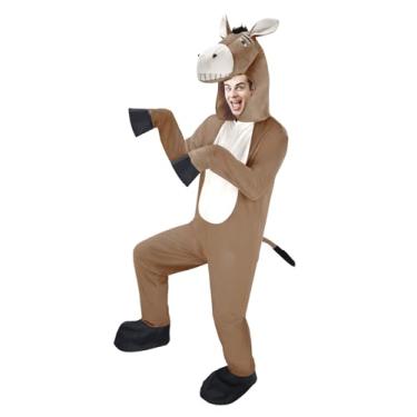 Imagem de GKTOP Fantasia de burro com capuz para adultos, macacão de burro cinza, fantasia de animal de fazenda, roupa de cosplay de Halloween (marrom, G)