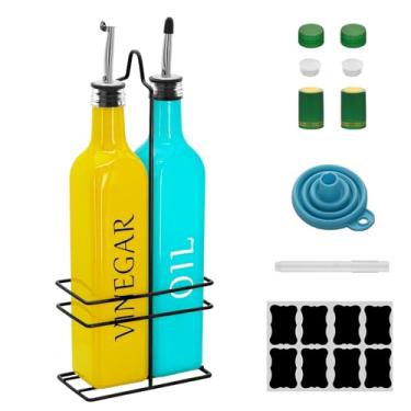 Imagem de Conjunto de dispensador de óleo e vinagre Farmhouse, 500 ml, lindo dispensador de azeite, inclui uma prateleira de aço preto e um funil, galheteiros vintage para vinagre e óleo (óleo turquesa e