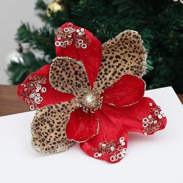 Imagem de 8 peças de flor de árvore de Natal de leopardo, flores de magnólia falsas, purpurina, poinsétias artificiais, estampa de leopardo, flor de magnólia com guirlanda de caule, ornamentos DIY para festas