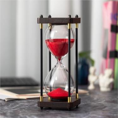 Imagem de ELAINESTORE Temporizador de ampulheta de 60 minutos, moldura de madeira metálica decorativa para areia (areia vermelha, tamanho grande)
