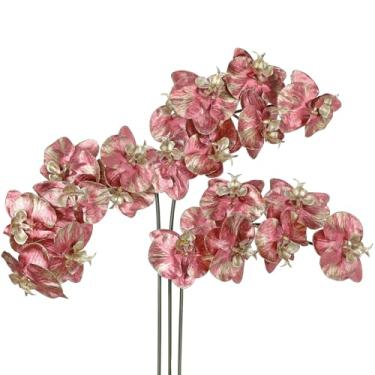 Imagem de Hastes artificiais de orquídea com glitter rosa, 3 peças, flores falsas de orquídea Phalaenopsis de 80 cm, ramos de orquídea falsos brilhantes para decoração de árvore de Natal, centros de mesa