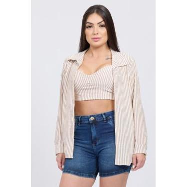 Imagem de Camisa Feminina Listrada em Linho com Botões - Attitude , G, Bege