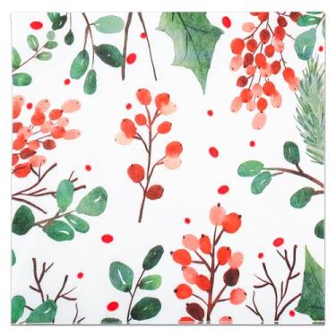 Imagem de Guardanapos de papel de bagas de azevinho de Natal, buquê de aquarela, descartável, guardanapo de festa, 16,5 cm, toalha de mão de almoço vermelha e verde para suprimentos de festa de inverno, férias