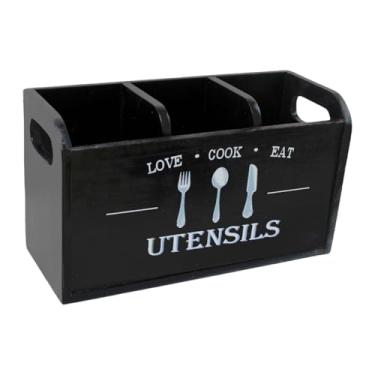 Imagem de FytStycale Suporte para utensílios de cozinha, organizador de utensílios de madeira, caixa de armazenamento rústica de madeira, pote de para hotéis, fazenda, Preto