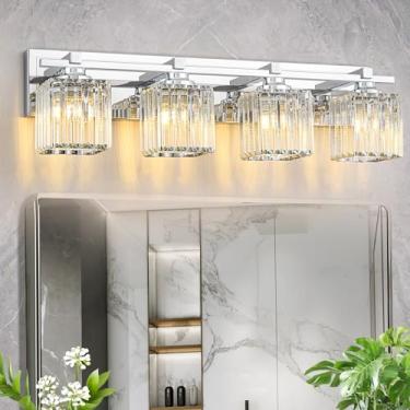 Imagem de BrkNit Luminárias De Cristal Para Banheiro, Iluminação De Penteadeira Cromada De 4 Luzes Sobre O Espelho Com Cortinas De Cristal, Luz De Penteadeira Moderna Para Banheiro, Banheira, Armário E Lavabo