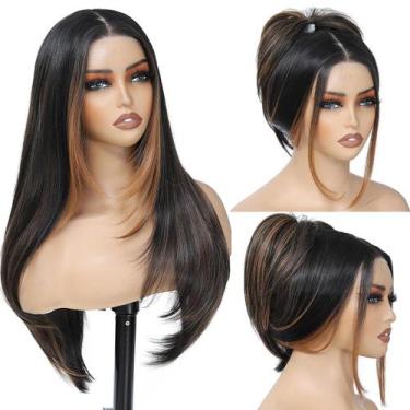 Imagem de Peruca frontal de renda sintética KPROYU HD 26 cm reta preta feminina