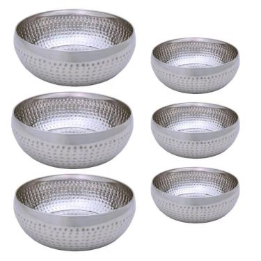 Imagem de Kit 6 Saladeiras Tigela Bowl Inox Martelado 18 E 25Cm