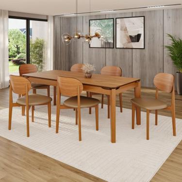 Imagem de Conjunto Sala de Jantar Mesa 180x90cm 6 Cadeiras em Madeira Maciça com Assento Estofado Jade Cinamomo / Caramelo