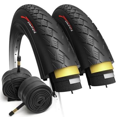 Imagem de Fincci Par de pneu de bicicleta dobrável 700x38c 40-622 com proteção antiperfuração de 1 mm e tubos internos de válvula Presta de 48 mm para bicicleta híbrida MTB Electric Road Mountain com pneus de