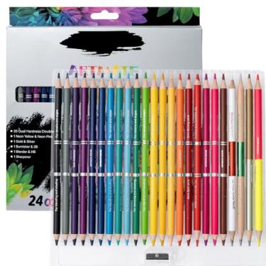 Imagem de Conjunto de lápis de cor de cabeça dupla, 24 cores + 5 lápis extras | Lápis de desenho e esboço de dureza dupla | Cores metálicas e neon, liquidificador e queimador | Materiais de arte para livros de