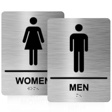 Imagem de Placa de banheiro ADA Braille masculina e feminina para negócios com fita dupla face 3M forte (pacote com 1) - Placa de banheiro de alumínio 15 cm x 20 cm para escritórios e restaurantes