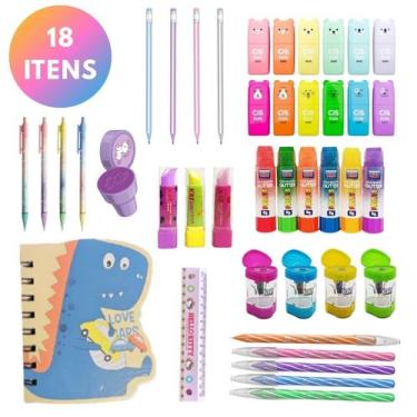 Imagem de Kit Material Escolar 18 Itens Papelaria Fofa Colorido Pastel - Genéric