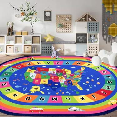 Imagem de Lacomfy Kids Rug 5x8Ft ABC Alphabet Carpet for Boys Girls Classroom Bedroom Living Room Playroom, Nonslip Rainbow Road Car Floor Rug, USA Map & Animal Print, Educational Preschool Decor, Washable