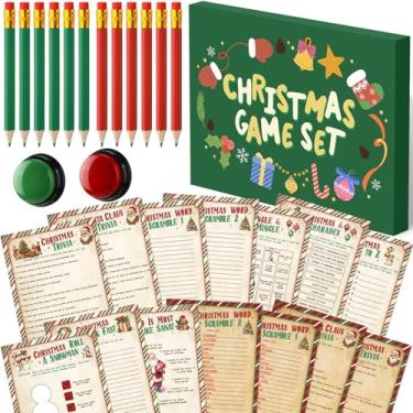 Imagem de Fullhawl 124 cartas de jogos de curiosidades de Natal para a família com 102 cartas de resposta de questionário, 2 campainhas de jogo, 20 lápis de Natal, grupo de adultos, atividades de adivinhação