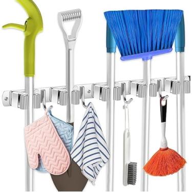 Imagem de Suporte para Vassouras e Rodo de Parede com 9 Acessórios - Porta Vassoura de Parede em Aço Inoxidável Prático para Cozinha e Lavanderia (9)