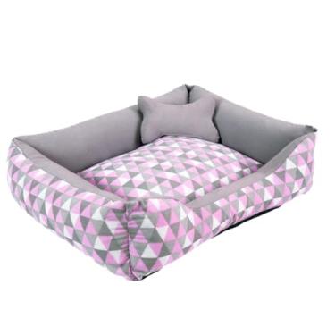 Imagem de Cama para Pet em Formato de Ninho - Conforto Seguro, Fundo Impermeável e Design Aconchegante para Cachorros e Gatos (Geométrico Rosa/Cinza)