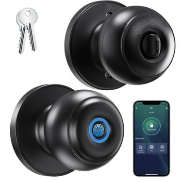 Imagem de GeekTale Fechadura de porta de impressão digital para quartos, maçaneta de porta com impressão digital com fechadura, maçaneta biométrica inteligente, controle de aplicativo, chaves de reserva,