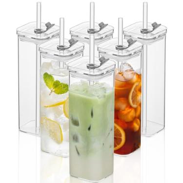 Imagem de KEMORELA 6 conjuntos de copos quadrados, copos à moda antiga, copos quadrados de 500 ml, copos de vidro modernos transparentes highball misturados com canudos para coquetel, café, suco, cerveja