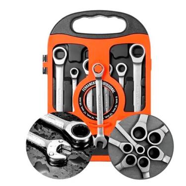 Imagem de Jogo de Chaves Combinadas com Catraca 7 Peças 8-19mm Estojo Prático - 