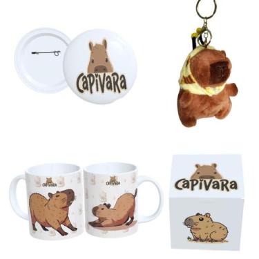 Imagem de Kit Completo Capivara  Caneca Estampada, Botton 4,4cm, Pelúcia de Capi