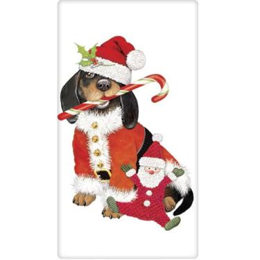 Imagem de Mary Lake-Thompson BT736 Doxie Toalha de saco de farinha de Papai Noel, quadrado de 76 cm, design de tela, 100% algodão, toalha de cozinha macia e absorvente, design decorativo de cachorro