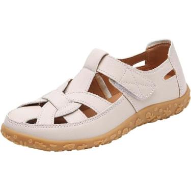 Imagem de Sandália feminina de couro, respirável, vazada, fechada, gladiador, praia, tira ajustável no tornozelo, Bege, 8.5